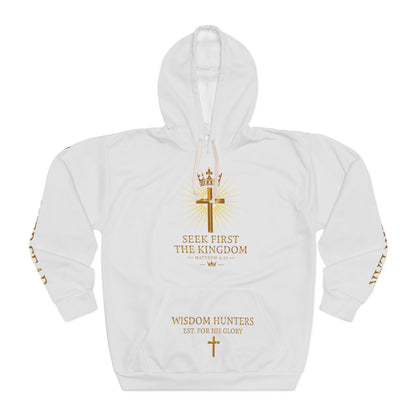Wisdom Hunters Hoodie — "Seek First the Kingdom" Christian Lion Cross Pullover