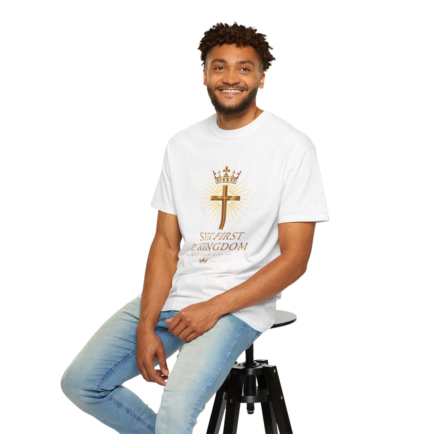 Christian Cross & Crown T-Shirt — "Seek First the Kingdom" Faith Tee