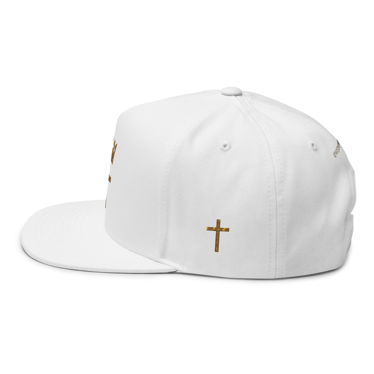 Embroidered Gold Crown & Cross Flat Bill Cap