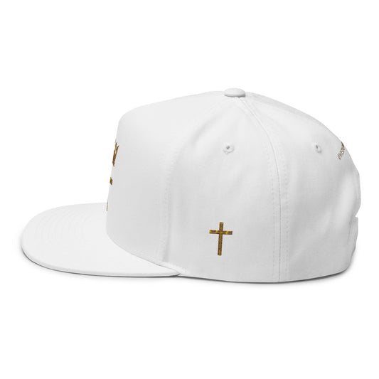 Embroidered Gold Crown & Cross Flat Bill Cap