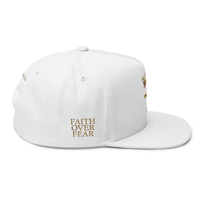 Embroidered Gold Crown & Cross Flat Bill Cap