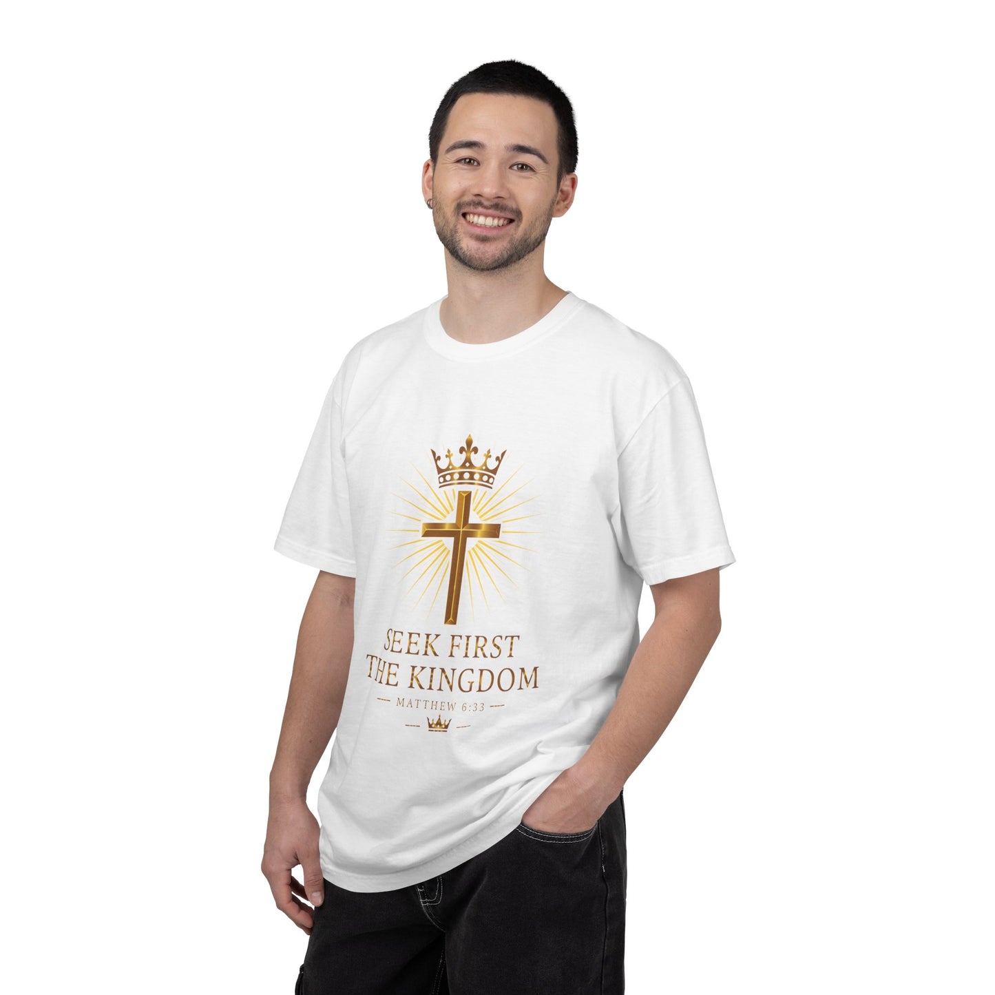 Christian Cross & Crown T-Shirt — "Seek First the Kingdom" Faith Tee