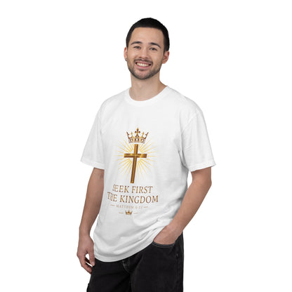 Christian Cross & Crown T-Shirt — "Seek First the Kingdom" Faith Tee