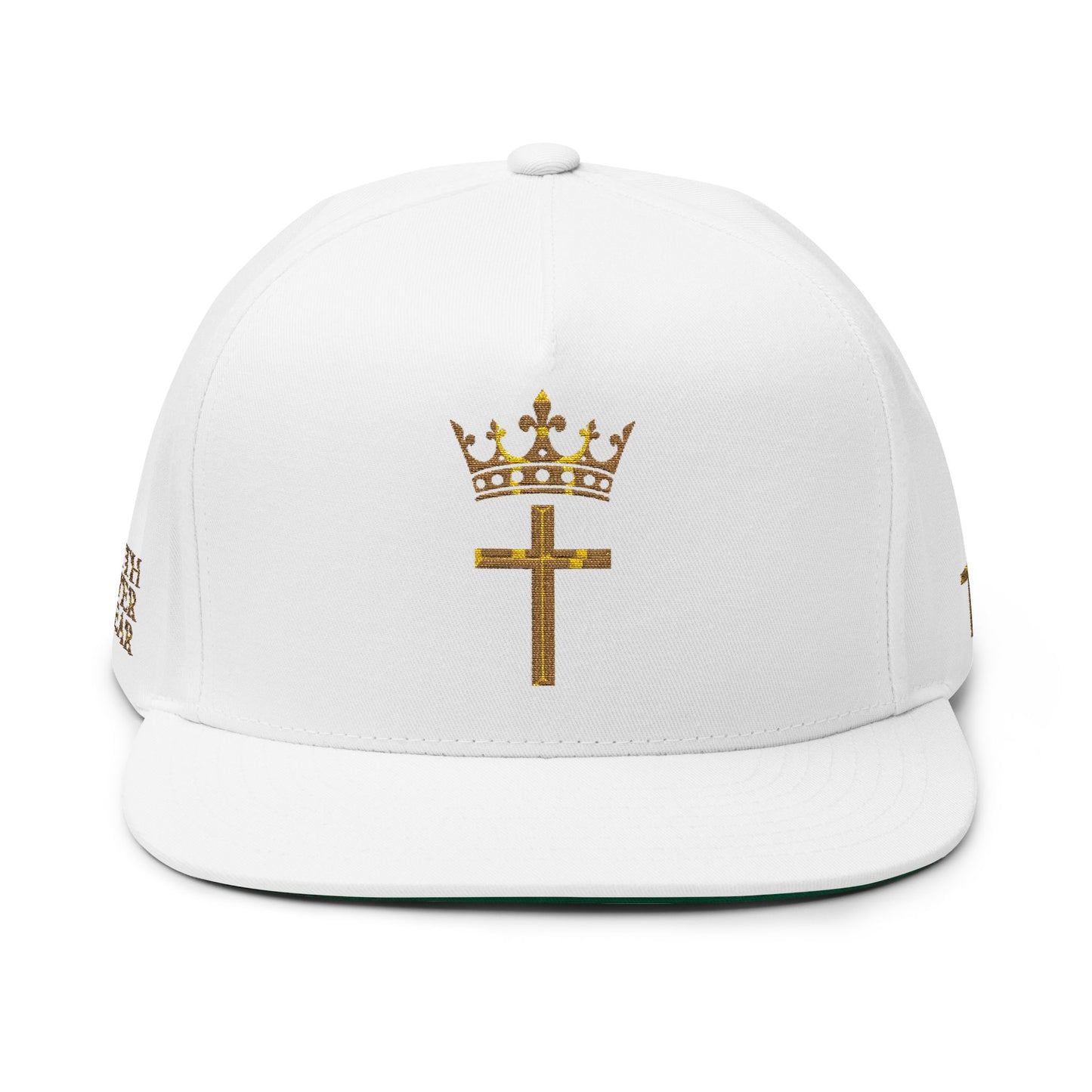 Embroidered Gold Crown & Cross Flat Bill Cap