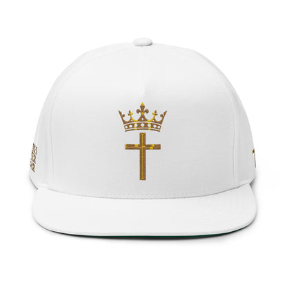 Embroidered Gold Crown & Cross Flat Bill Cap