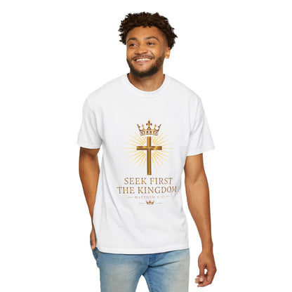 Christian Cross & Crown T-Shirt — "Seek First the Kingdom" Faith Tee