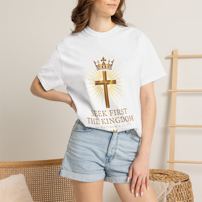 Christian Cross & Crown T-Shirt — "Seek First the Kingdom" Faith Tee