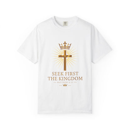 Christian Cross & Crown T-Shirt — "Seek First the Kingdom" Faith Tee
